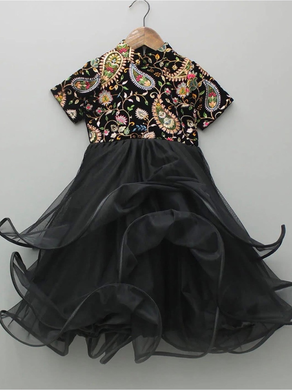 Girls Black Paisley Embroidered Tulle Party Dress